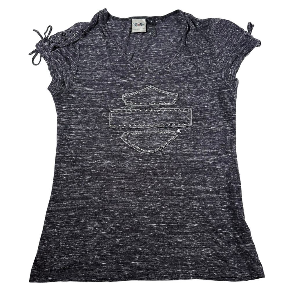 Harley-Davidson Women’s Gray Logo Tee Size L Lace-Up Sleeve Graphic T-Shirt￼